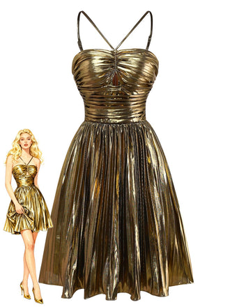 Gold 1960s Metallic Pleated Cutout Party Strap Dress - vintage dress, retro fashion, glamorous gold
