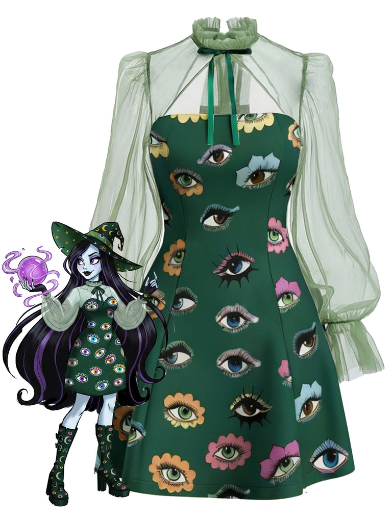 Green 1960s Halloween Gothic Eye Print Mesh Sleeve Dress - vintage dress, retro fashion
