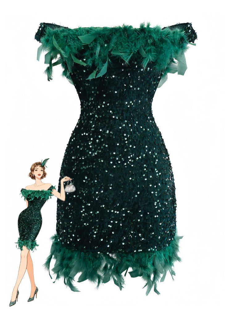 Green 1960s Off-Shoulder Sequined Feather Bodycon Dress - vintage dress, retro fashion
