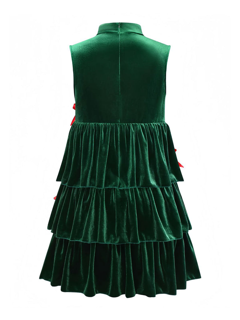 Green 1960s Velvet Bowknot Stand Collar Tiered Dress - vintage dress, retro fashion, elegant red