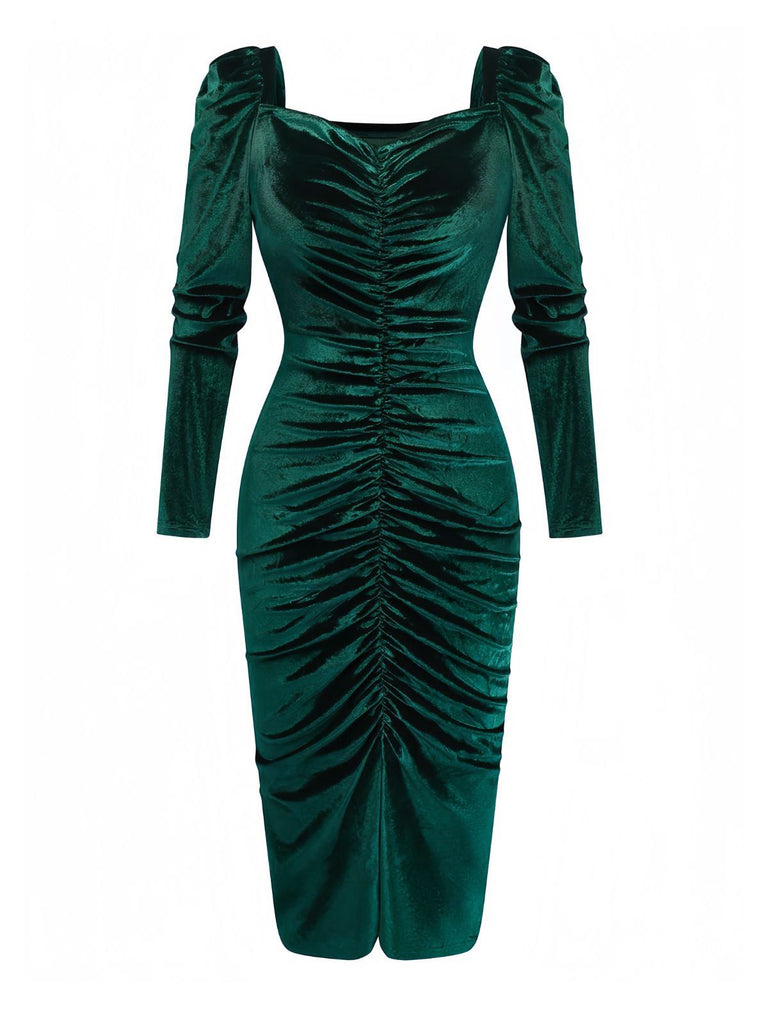 Green 1960s Velvet Ruched Long Sleeve Bodycon Dress - vintage dress, retro fashion