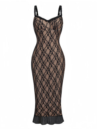 Khaki 1960s Lace Patchwork Spaghetti Strap Bodycon Dress - vintage dress, retro fashion