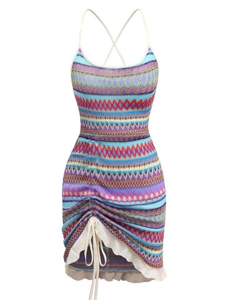 Multicolor 1960s Bohemian Drawstring Knit Straps Dress - vintage dress, retro fashion