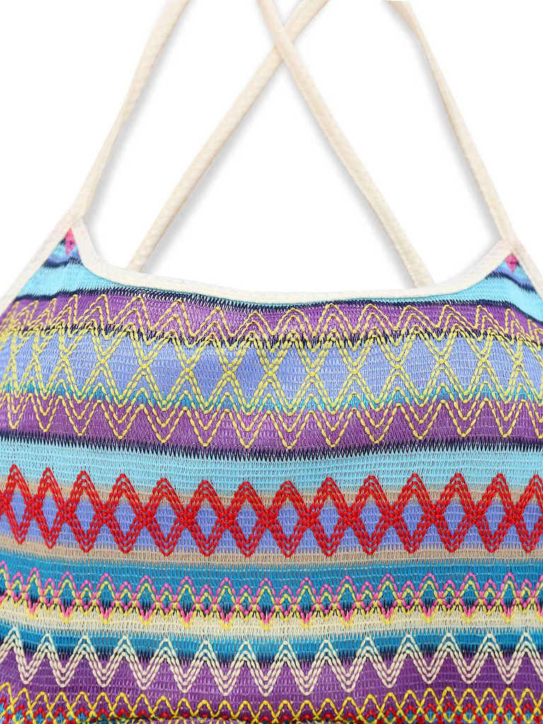 Multicolor 1960s Bohemian Drawstring Knit Straps Dress - vintage dress, retro fashion
