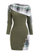 Olive Green 1960s Plaid Accent Button Detail Ribbed Dress - vintage dress, retro fashion