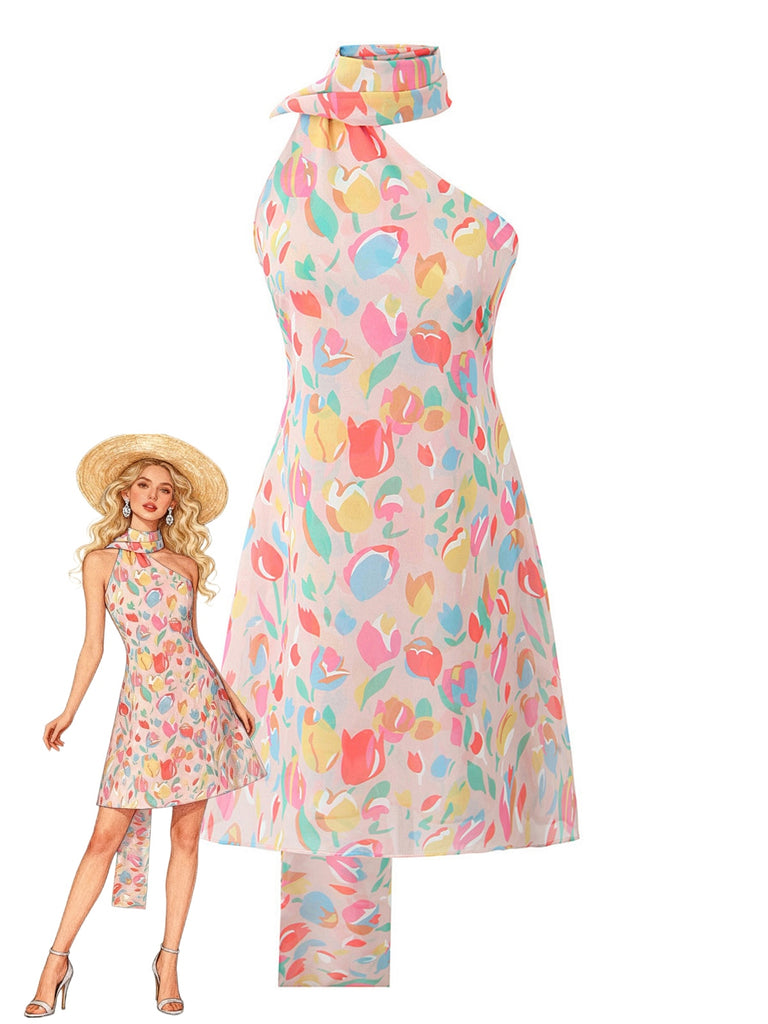 1960s One-Shoulder Colorful Tulip High-Neck Drape Dress - vintage dress, retro fashion