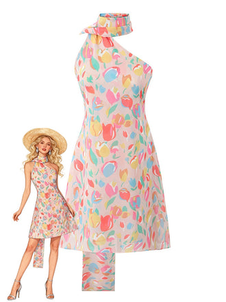 1960s One-Shoulder Colorful Tulip High-Neck Drape Dress - vintage dress, retro fashion