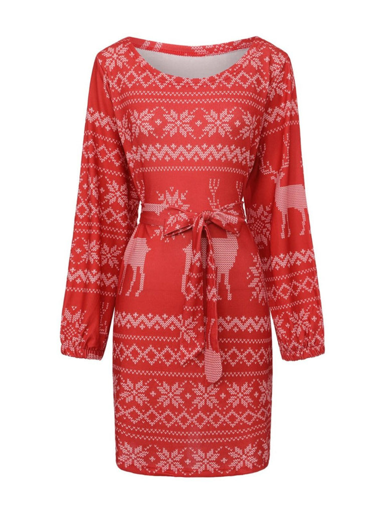 Red 1960s Christmas Reindeer Snowflake Belted Dress - vintage dress, retro fashion, elegant red