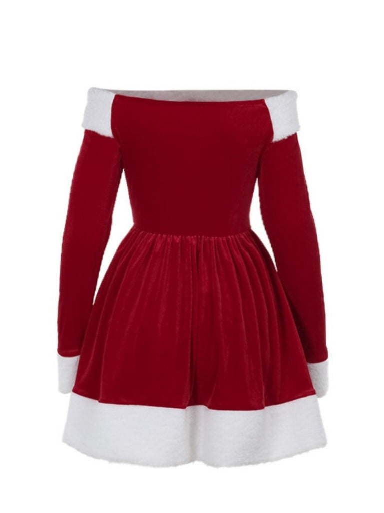 Red 1960s Christmas Velvet Off-Shoulder Long Sleeve Dress - vintage dress, retro fashion, elegant red