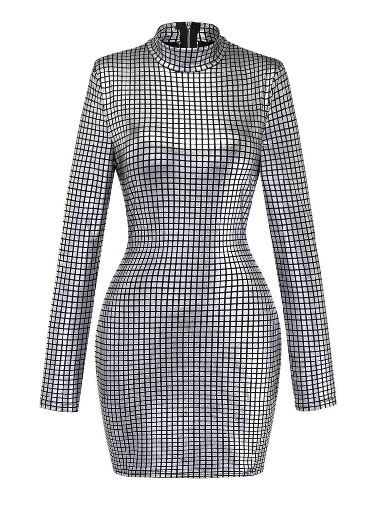 Silver 1960s Sparkly Square Sequin Mock Neck Mini Dress - vintage dress, retro fashion