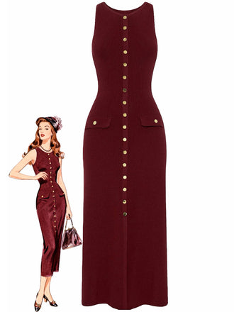 1960s Solid Sleeveless Single-Breasted Knitted Dress - vintage dress, retro fashion