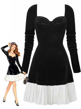 1960s Sweetheart Neck Contrast Velvet Pleated Hem Dress - vintage dress, retro fashion