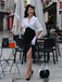 White & Black 1960s Notched Collar Ruched Bodycon Dress - vintage dress, retro fashion, classic black