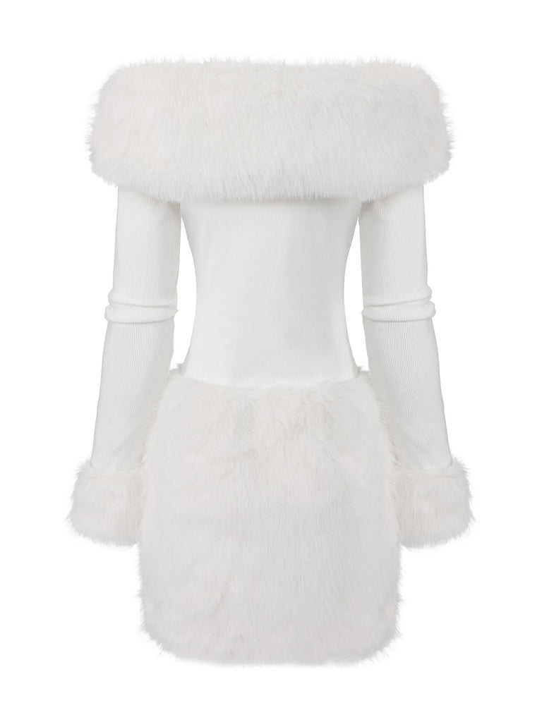 White 1960s Christmas Faux Fur Trim Off-Shoulder Dress - vintage dress, retro fashion, pure white