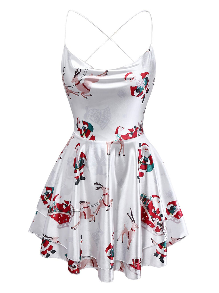 White 1960s Christmas Stain Layered Backless Strap Dress - vintage dress, retro fashion, elegant red