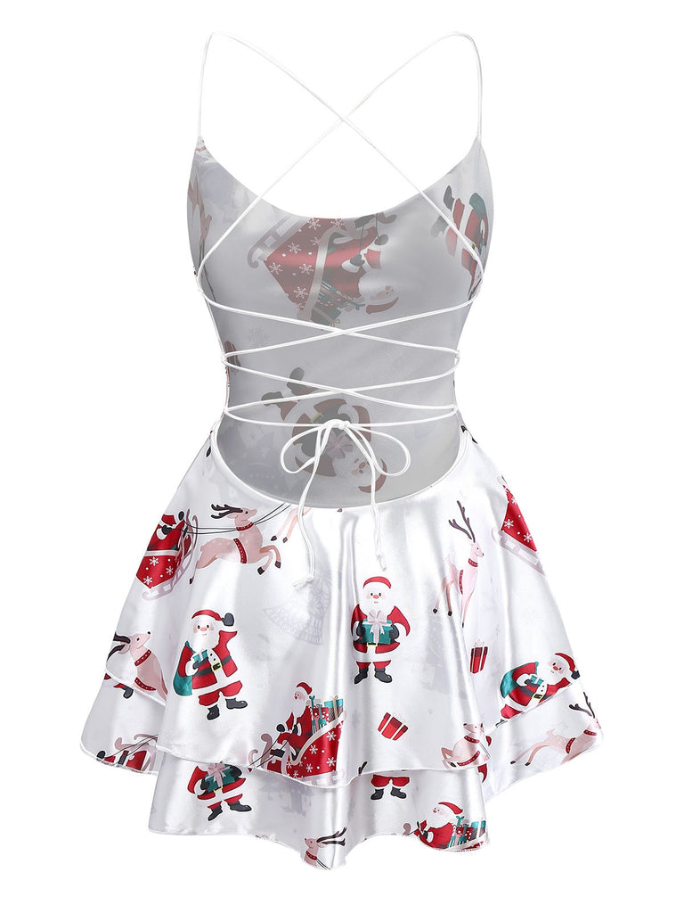 White 1960s Christmas Stain Layered Backless Strap Dress - vintage dress, retro fashion, elegant red
