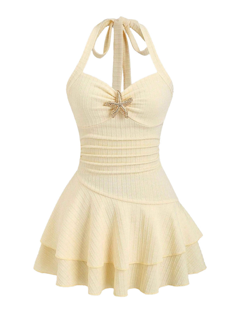 Yellow 1960s Textured Metal Starfish Halter Layered Mini Dress - vintage dress, retro fashion, elegant red