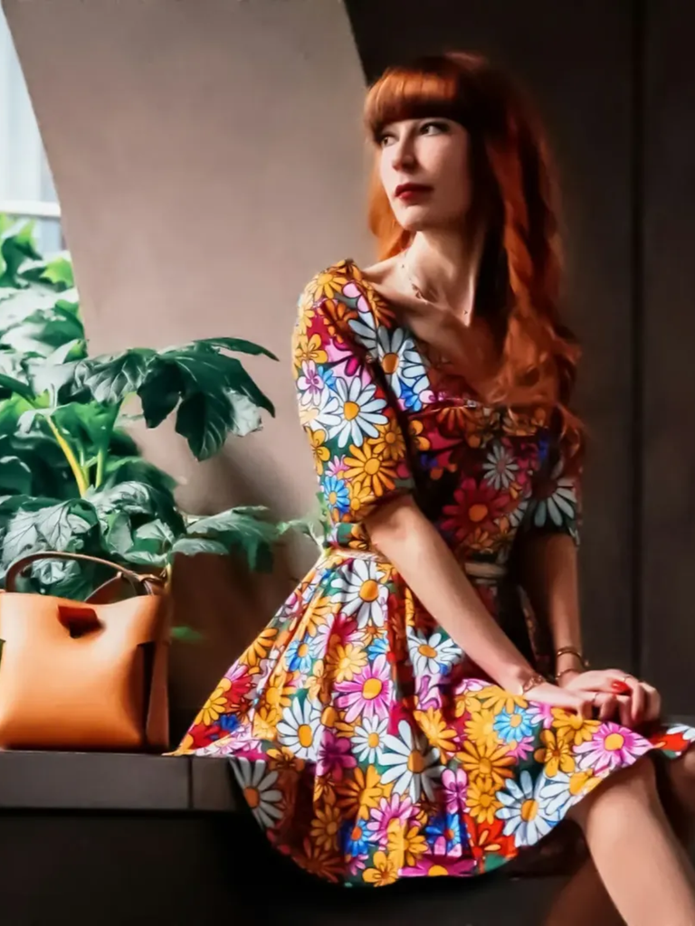 1960s Flare Sleeve Colorful Daisy Dress - vintage dress, retro fashion