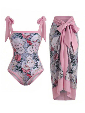[Pre-Sale] 1960s Floral Cat Print One-Piece Swimsuit & Cover-Up, vintage swimsuit, pin-up swimwear - perfect for women who love vintage and retro fashion