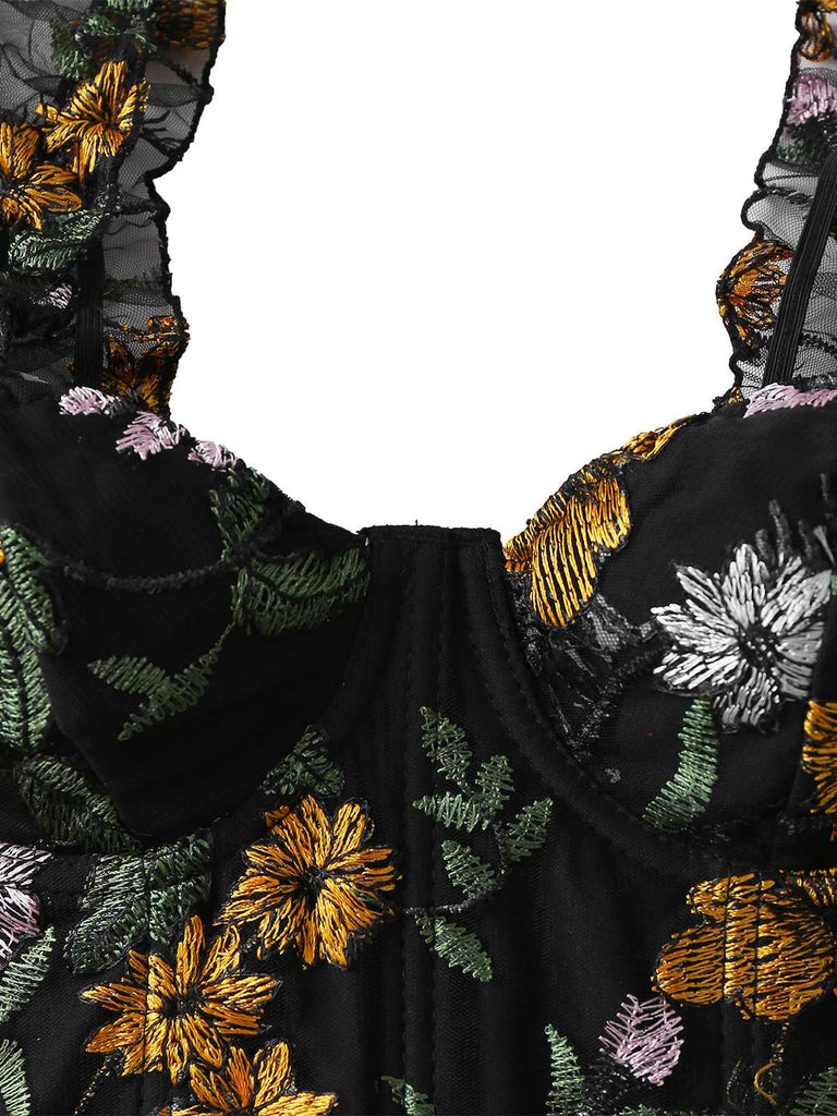 1960s Floral Embroidered Mesh Puff-Sleeve Crop Top - vintage fashion, retro style, elegant red