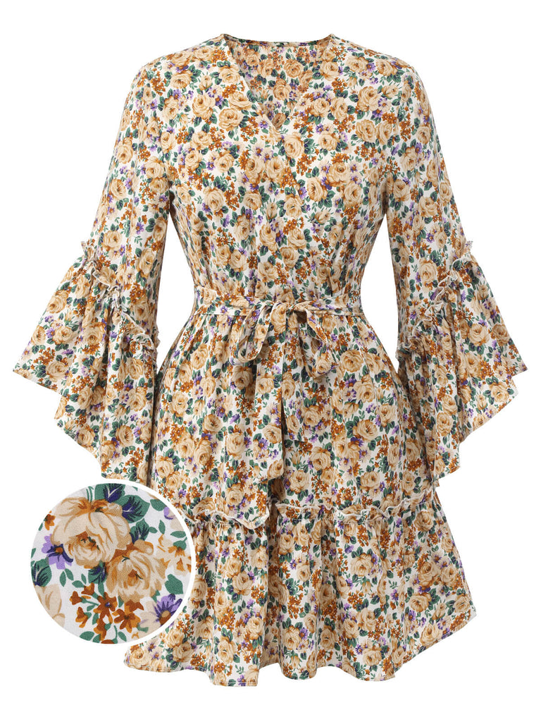 1960s Floral Flared Long Sleeve Dress With Belt, vintage dress, retro fashion, floral print - perfect for women who love vintage and retro fashion