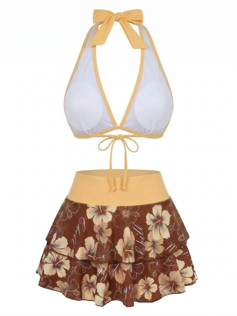 1960s Floral Print Tie-Front Layered Bikini Set - vintage fashion, retro style, elegant red