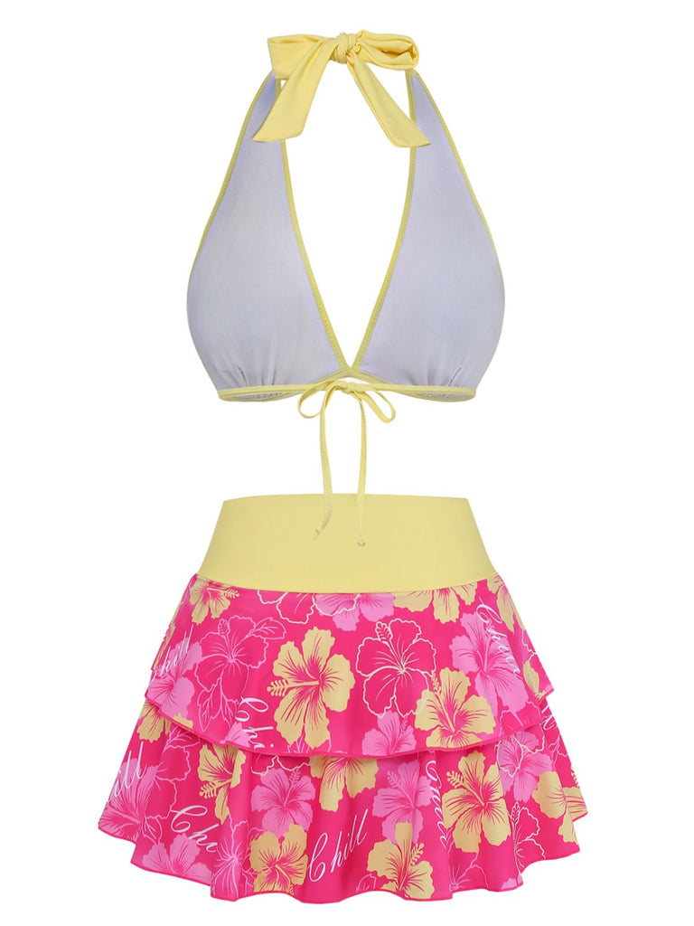 1960s Floral Print Tie-Front Layered Bikini Set - vintage fashion, retro style, elegant red