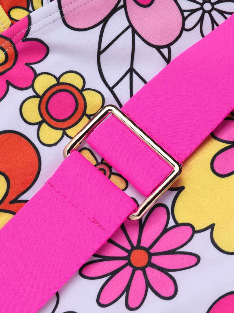 1960s Flowers Back-Cross Strap Belt Swimsuit — 1960s poolside glamour meets sun-drenched confidence