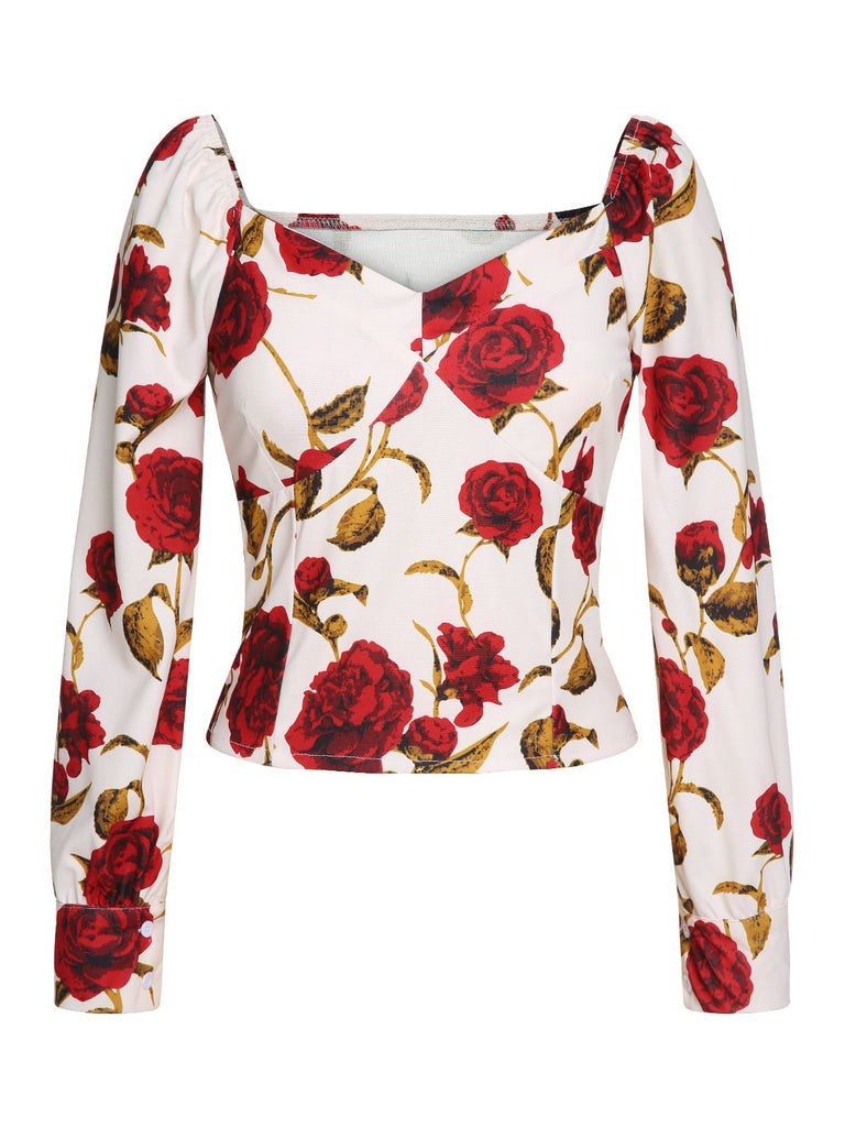 1960s French Rose Floral Slashed Blouse, vintage top, retro blouse - perfect for women who love vintage and retro fashion