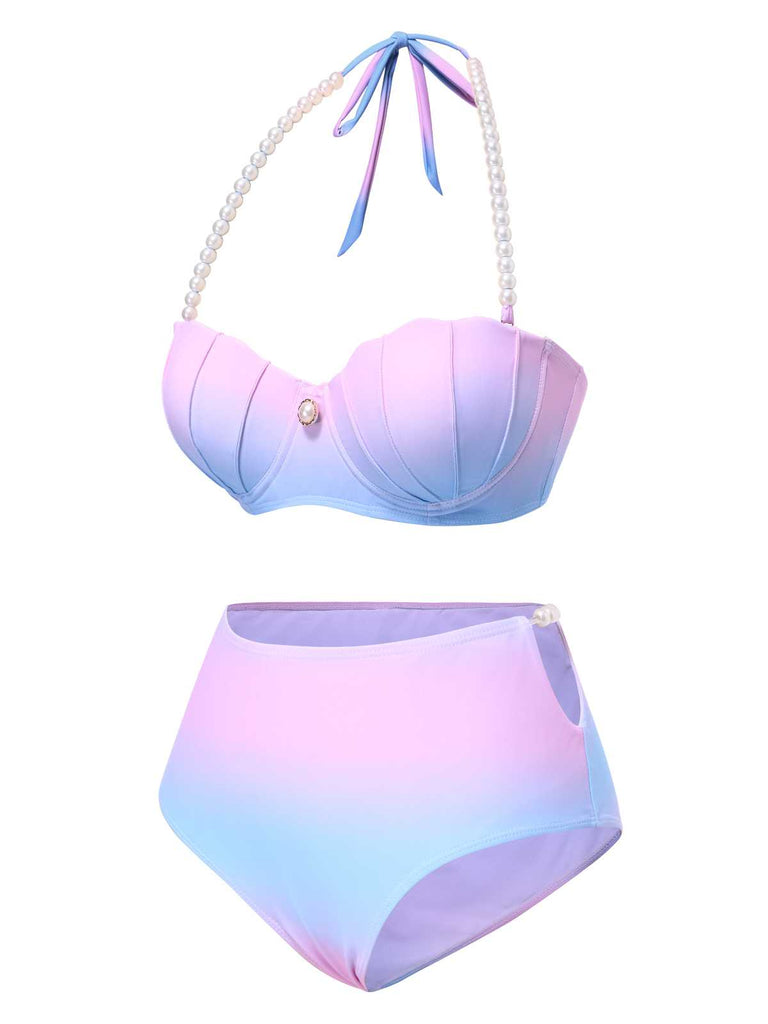 This 1960s Gradient Mermaid Seashell Pearl Swimsuit carries 1960s vacation dreams in every stitch