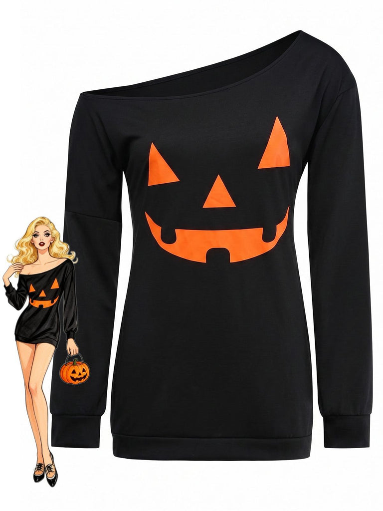 1960s Halloween One-Shoulder Pumpkin Face Dress, vintage dress, retro fashion - vintage inspired fashion