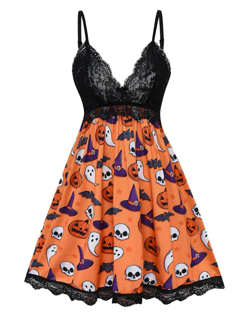 1960s Halloween Print Lace Patchwork Sleepwear - vintage nightgown, retro sleepwear