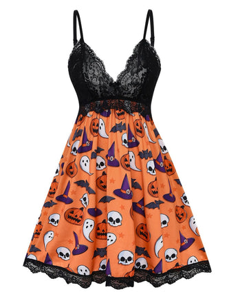 1960s Halloween Print Lace Patchwork Sleepwear - vintage nightgown, retro sleepwear