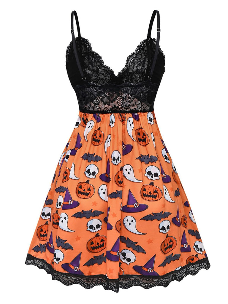 1960s Halloween Print Lace Patchwork Sleepwear - vintage nightgown, retro sleepwear
