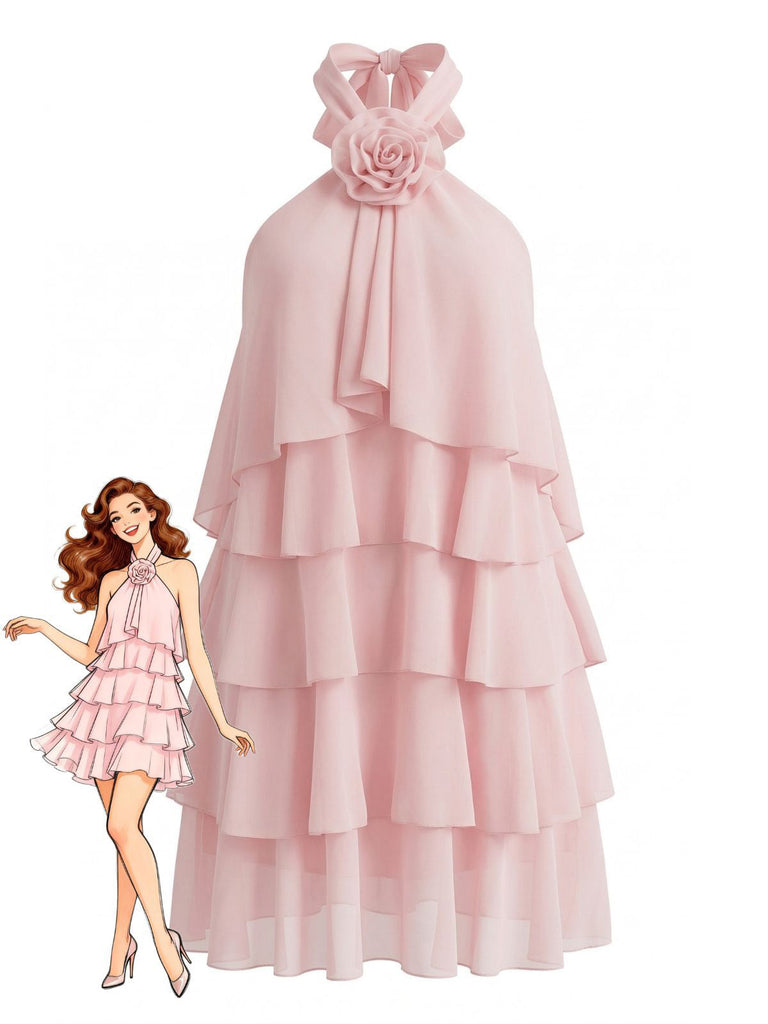 1960s Halter Backless Ruffle Swing Dress 3
