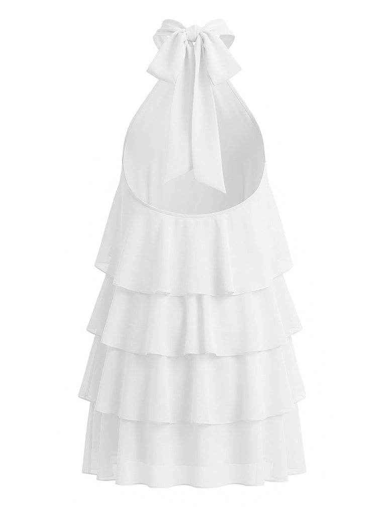 1960s Halter Backless Ruffle Swing Dress 9