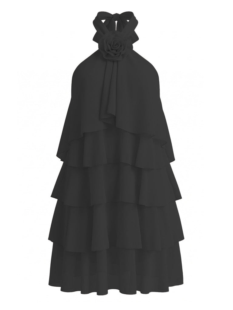 1960s Halter Backless Ruffle Swing Dress