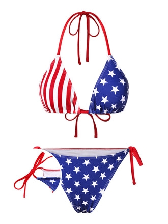 She's wearing 1960s Halter Contrast Stripes Stars Bikini and the whole beach remembers the 1960s