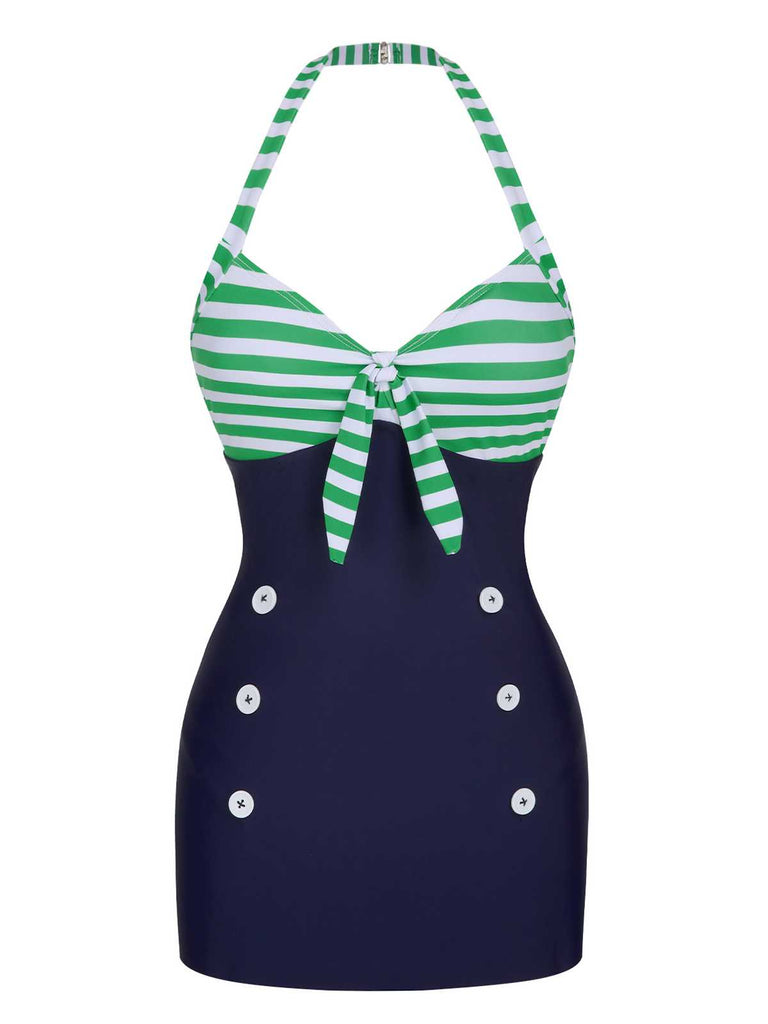 1960s Halter Strips Buttoned One-Piece Swimsuit: 1960s Riviera elegance, reimagined for her