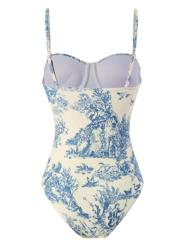 1960s Ink Floral Spaghetti Strap One-Piece Swimsuit: 1960s Riviera elegance, reimagined for her
