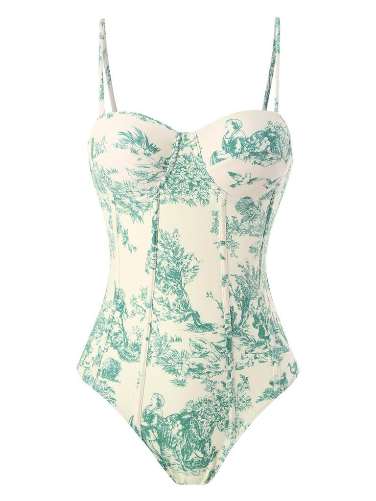 1960s Ink Floral Spaghetti Strap One-Piece Swimsuit: 1960s Riviera elegance, reimagined for her