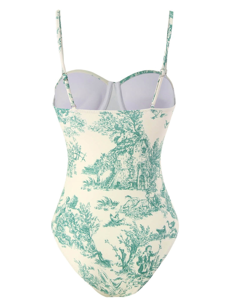 This 1960s Ink Floral Spaghetti Strap One-Piece Swimsuit carries 1960s vacation dreams in every stitch