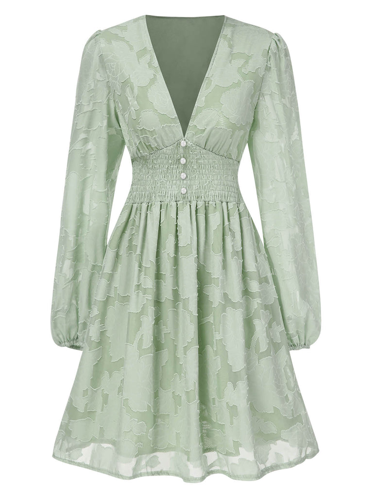She slips into this 1960s Jaquard Floral Deep V-Neck Skater Dress and suddenly it's a 1960s daydream