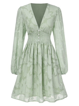 She slips into this 1960s Jaquard Floral Deep V-Neck Skater Dress and suddenly it's a 1960s daydream