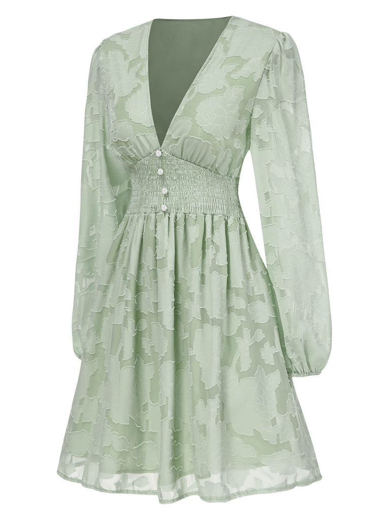 1960s Jaquard Floral Deep V-Neck Skater Dress: where 1960s romance meets her modern spirit