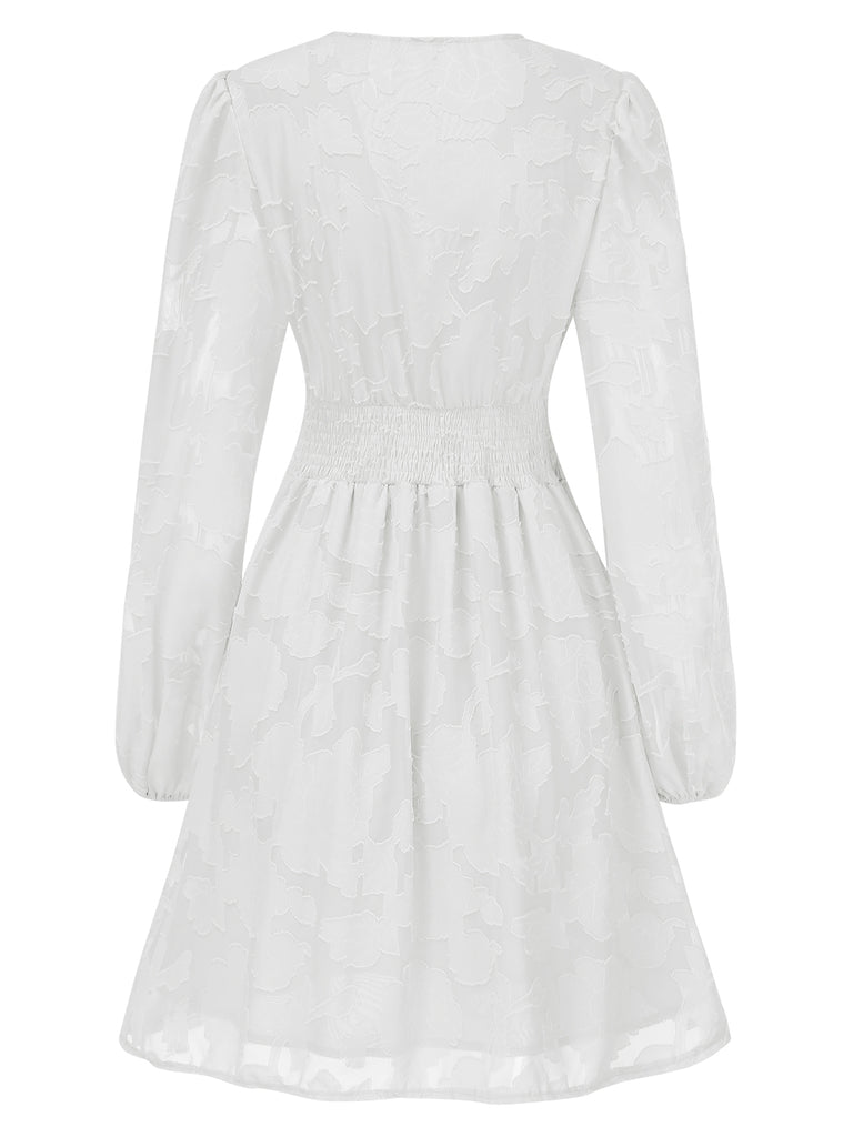 She slips into this 1960s Jaquard Floral Deep V-Neck Skater Dress and suddenly it's a 1960s daydream