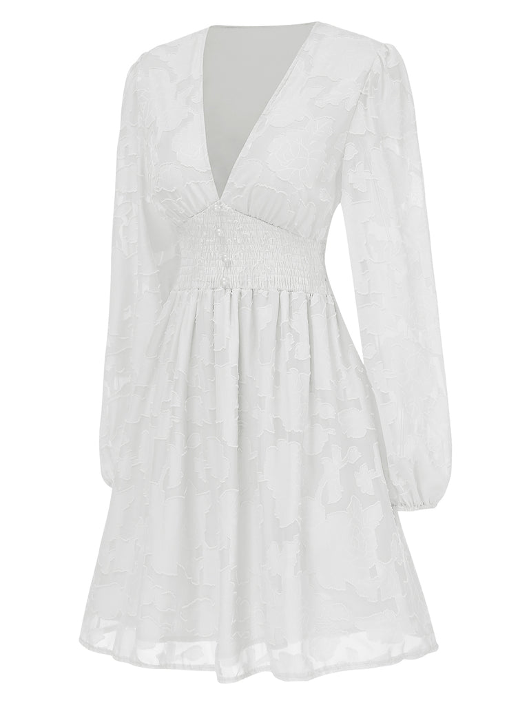 1960s Jaquard Floral Deep V-Neck Skater Dress: where 1960s romance meets her modern spirit