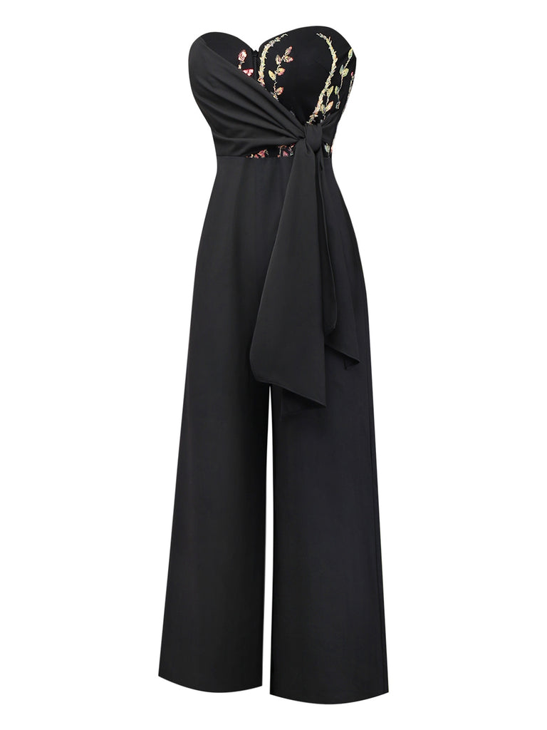 Black 1960s Embroidered Floral Tie-Up Strapless Jumpsuit - vintage jumpsuit, retro fashion, classic black