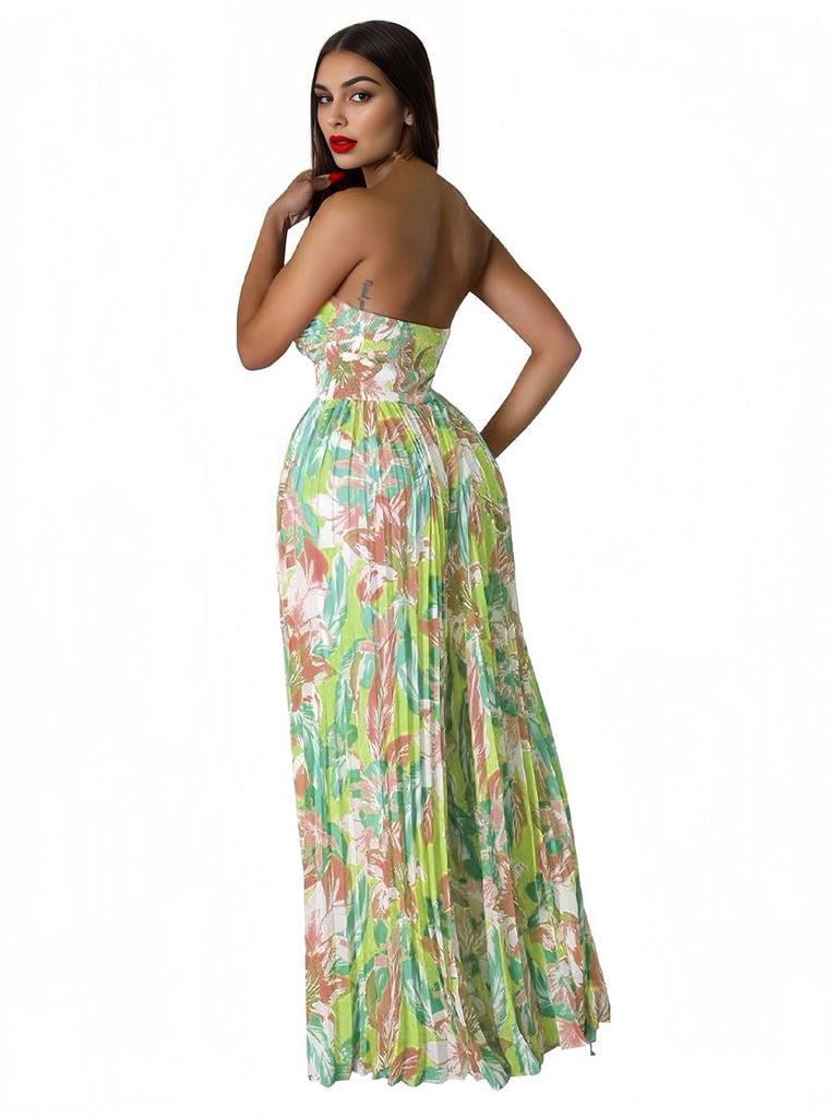 Green 1960s Floral Strapless Hollow Twist Pleated Jumpsuit - vintage jumpsuit, retro fashion