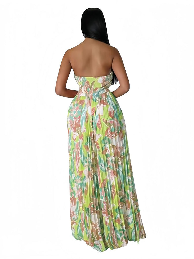 Green 1960s Floral Strapless Hollow Twist Pleated Jumpsuit - vintage jumpsuit, retro fashion